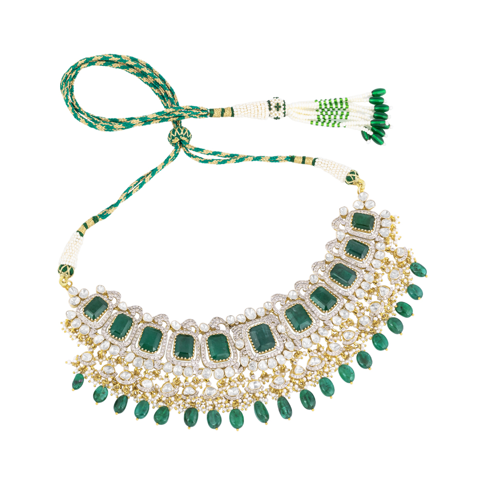 Emerald Colourstones Polki Choker with Emerald Maniya